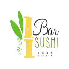 Bar sushi logo design, Japanese food label, badge for restaurants of Japanese food watercolor vector Illustration