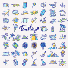 Travel hand draw icons. Icon lined cartoon collection about adventure, outdoor activities, beach, summer, travelling, get a vacation and extremal sport. Traveling icon set