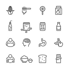 Foods with high fructose corn syrup and its health effects. Vector line icon.