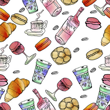 Vector food pattern. Hand drawn seamless background. A bottle of wine, macaroons, croissants, a glass of wine, bagel, bread, a cup of coffee, dessert, coffee beans. Watercolor textured.