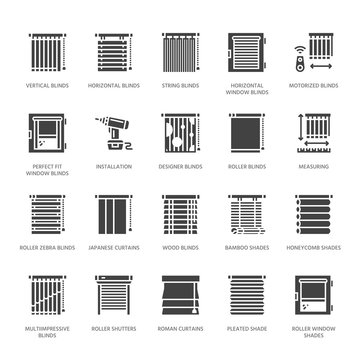 Window blinds, shades vector glyph icons. Various room darkening decoration, roller shutters, roman curtains, horizontal vertical jalousie. Interior design solid silhouette signs for house decor shop.