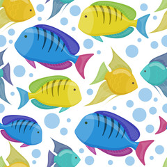 Seamless pattern of tropical sea fishes, cartoon illustration of beach summer background. Vector