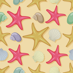 Seamless pattern shells and starfish on white background, cartoon illustration of beach summer background. Vector. Vector