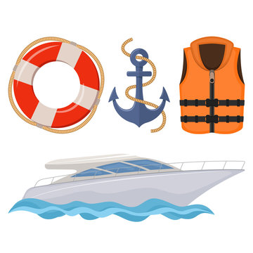 Yacht and water transport accessories on white background, cartoon illustration. Vector