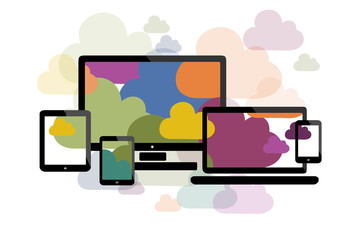 Cloud computing flat illustration with personal computer, laptop, touch screen phone, tablet and phablet