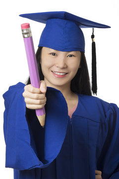 Asian woman wearing blue graduation holding  pencil isolated white background