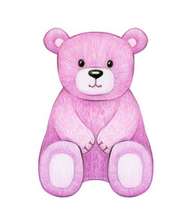 Cute,  sitting pink  bear  isolated, hand drawing.