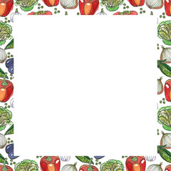 Watercolor seamless pattern. Hand painted vegetables . Frame. Broccoli, garlic, tomatoes, onion, cucumber.