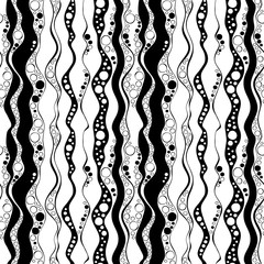 Abstract seamless background. Waves and circles. Black and white print.
