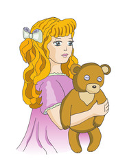 Little girl with teddy bear, isolated on white.