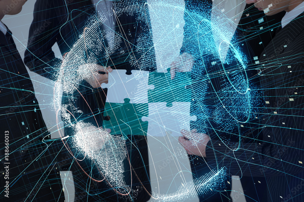 Poster pieces of jigsaw puzzle and global network concept.