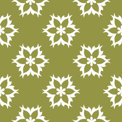 White flowers on olive green background. Ornamental seamless pattern