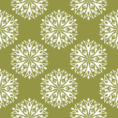 White floral seamless pattern on olive green background