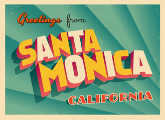 Vintage Touristic Greeting Card From Santa Monica, California - Vector EPS10. Grunge effects can be easily removed for a brand new, clean sign. - obrazy, fototapety, plakaty