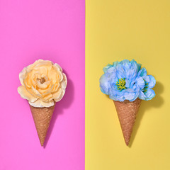 Ice Cream Cone Set with Flowers. Creative Minimal. Trendy fashion Style. Spring Summer Floral concept. Colorful Neon Design. Pop Art