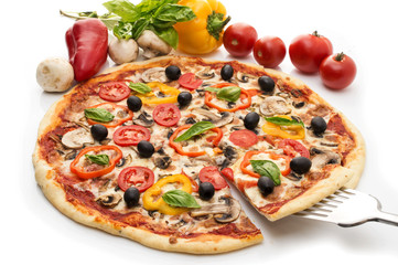 Pizza with ham, pepper and olives