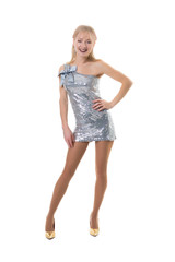 beautiful blonde girl posing in the studio on a white background in shiny dresses - isolated