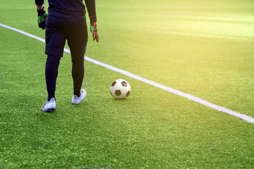 Closeup of a soccer ball and soccer player at the stadium.