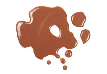 Spilled chocolate milk puddle isolated on white background, top view
