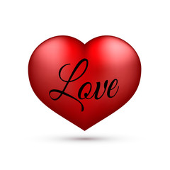 Realistic red heart with writing "Love" isolated on white. Valentine’s day greeting card background. 3D icon. Romantic vector illustration. Easy to edit design template.