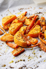 Oven baked vegetables with herbs and olive oil.