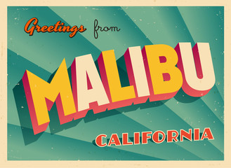 Vintage Touristic Greeting Card From Malibu, California - Vector EPS10. Grunge effects can be easily removed for a brand new, clean sign. - obrazy, fototapety, plakaty