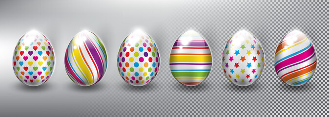 Set of 6 vector Easter Eggs. Easter decoration. Design elements for holiday cards. Isolated with transparent light and shadow on the light panel. Vector illustration. Eps10.
