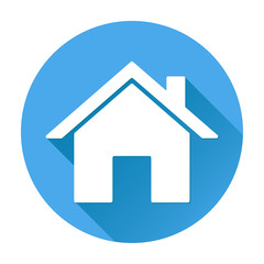 Fototapeta na wymiar Home icon. White silhouette on blue round background