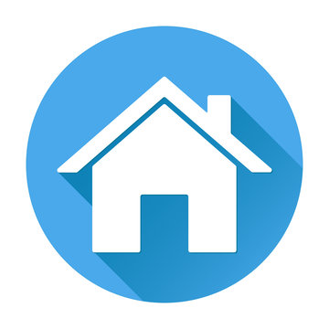 Home icon. White silhouette on blue round background