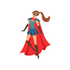 Young superhero woman character in blue costume with red cape cartoon vector Illustration
