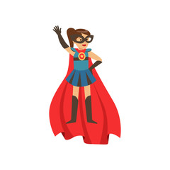 Obraz na płótnie Canvas Superhero girl character dressed in blue costume with red cape standing with her hand raised cartoon vector Illustration