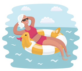 Obraz na płótnie Canvas Elderly woman relaxing take sunbath, sitting in sun chairs under beach umbrella.