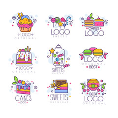 Sweets logos set, confectionery and bakery products vector Illustrations