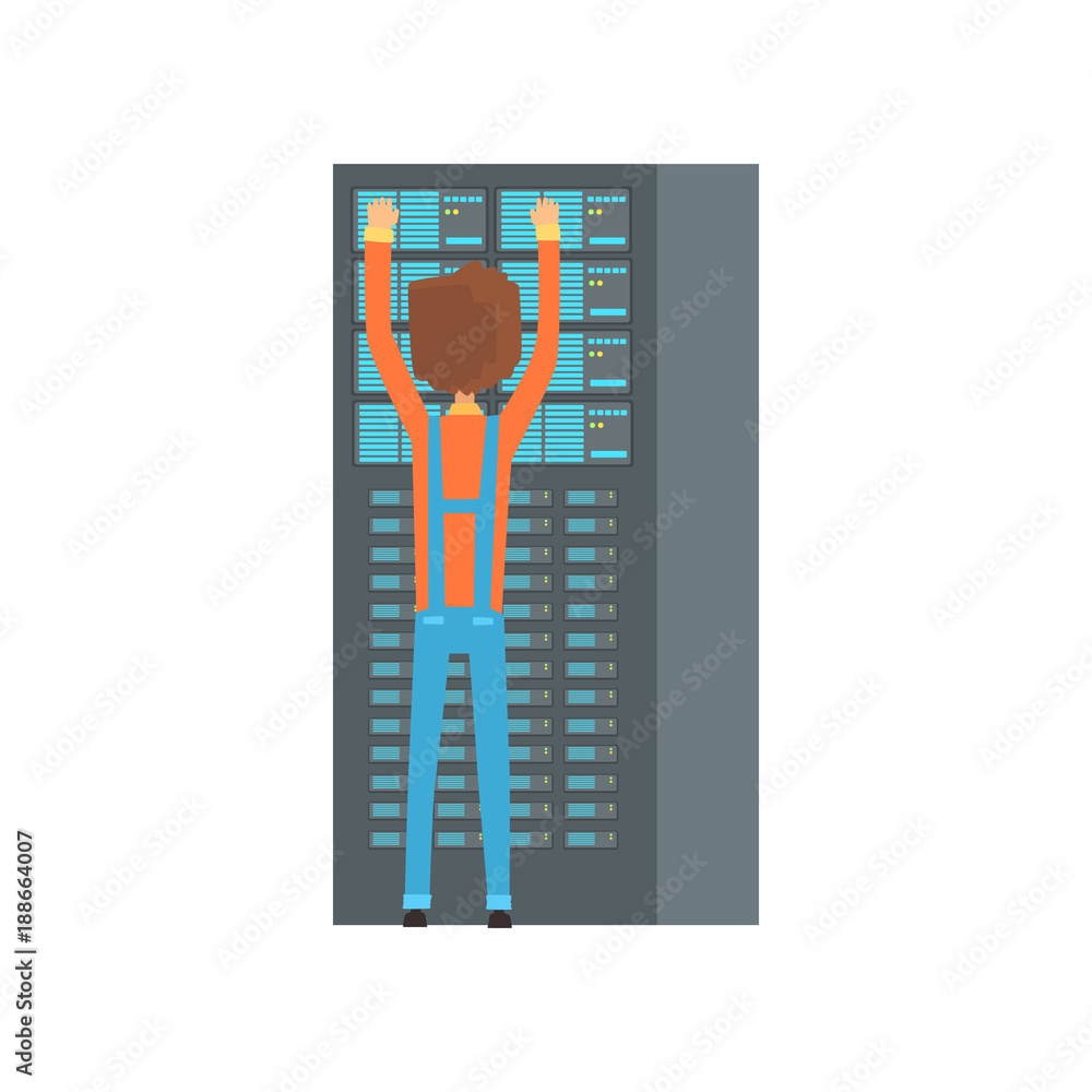 Poster network engineer administrator working in data center, network engineer involved in maintenance of s