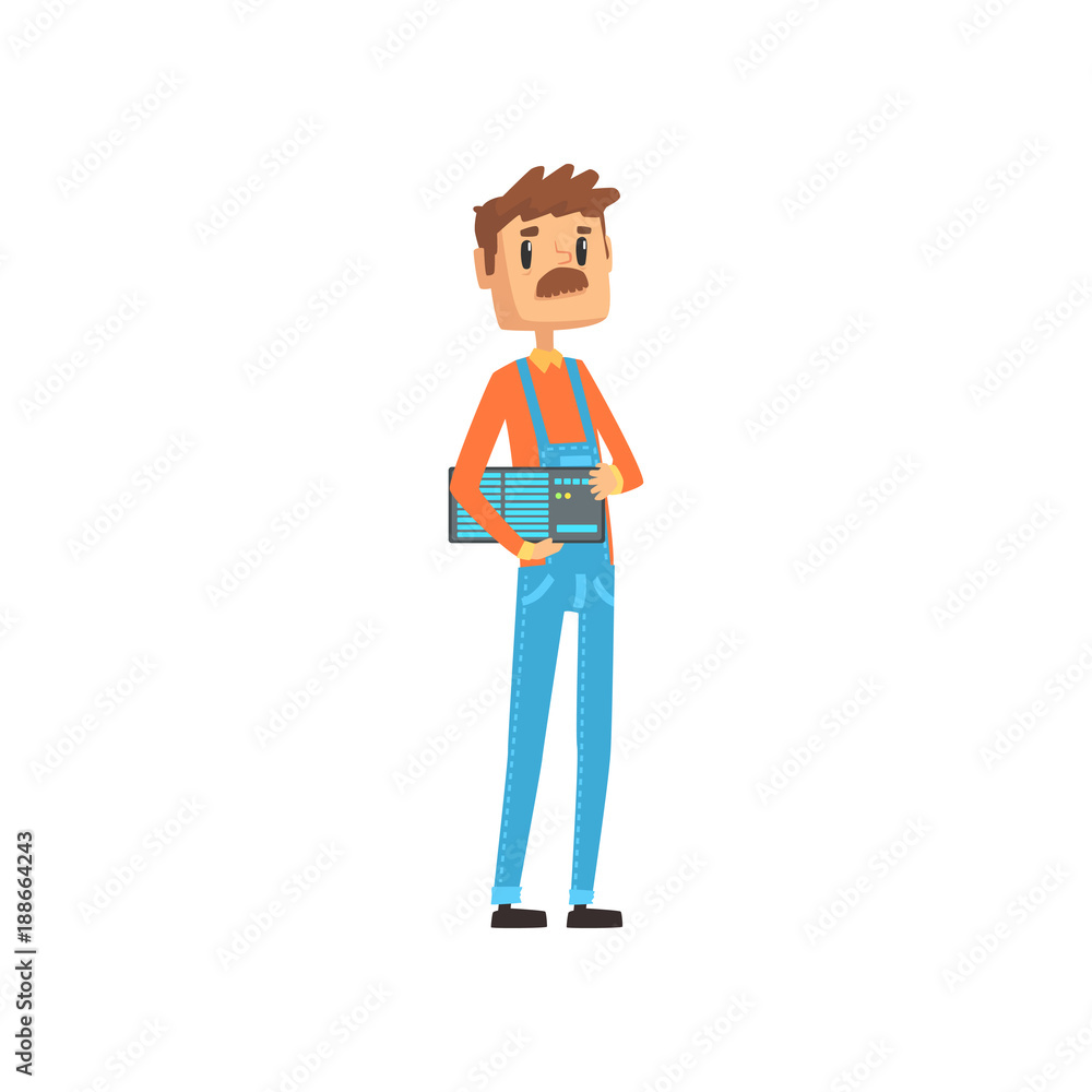 Poster computer technician or system administrator, engineer system it administrator at work cartoon vector