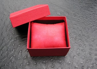 Open red gift box with red cushion inside on black background