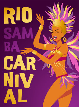 Poster Brazilian samba dancer. Vector carnival in Rio de Janeiro girl a festival costume is dancing.