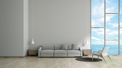 Modern interior living room wood floor white texture wall with gray sofa and chair window sea view summer template for mock up 3d rendering. minimal living room design