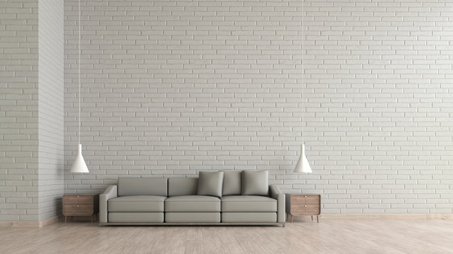 Modern interior living room wood floor white brick texture wall with gray sofa template for mock up 3d rendering. minimal living room design