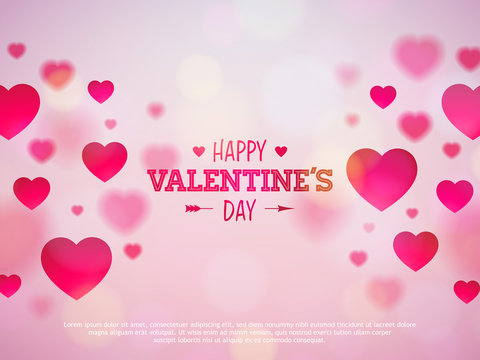 Happy Valentines Day Design with Red Heart on Shiny Pink Background. Vector Wedding and Romantic Theme Illustration for Greeting Card, Party Invitation or Promo Banner.