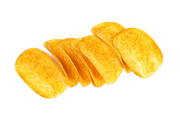 Barbecue flavored potato chips isolated on white background, top view