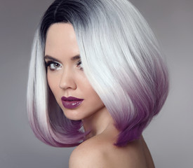 Ombre bob short hairstyle. Beautiful hair coloring woman. Trendy haircut. Blond model with short shiny hairstyle. Concept Coloring Hair. Beauty Salon.