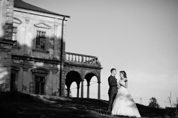Fabulous wedding couple posing in front of an old medieval castle in the countryside on a sunny day. Black and white photo.