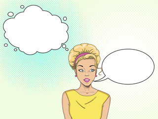 Comic empty speech bubbles. Retro girl pop art says and thinks.