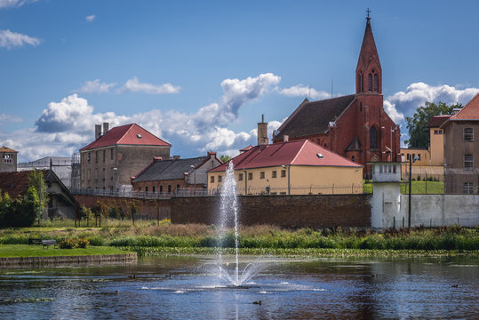 View of prison and Church of Good Thief in Barczewo, small city near Olsztyn, Masuria region of Poland