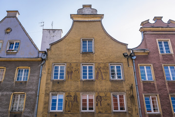 Fototapeta na wymiar Row of townhouses on the market square in old part of Olsztyn, Masuria region of Poland