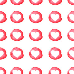 Watercolor seamless pattern with a pattern of red, white heart. On white isolated background. Art illustration for your design. 