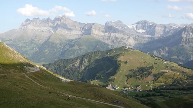 Switzerland landscape, valley and a mountain chain, a village lowest, the "dents du midi" on the left - Vall&eacute;e puis chaine de montagne, un village dans le bas les dents du midi sur la gauche