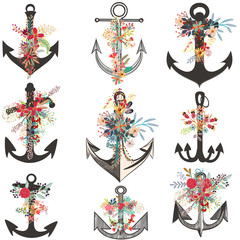 Collection of beautiful anchors decorated by flowers © Mary fleur