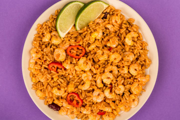 Spicy Mexican Rice With Fried Shrimps or Prawns And Lime